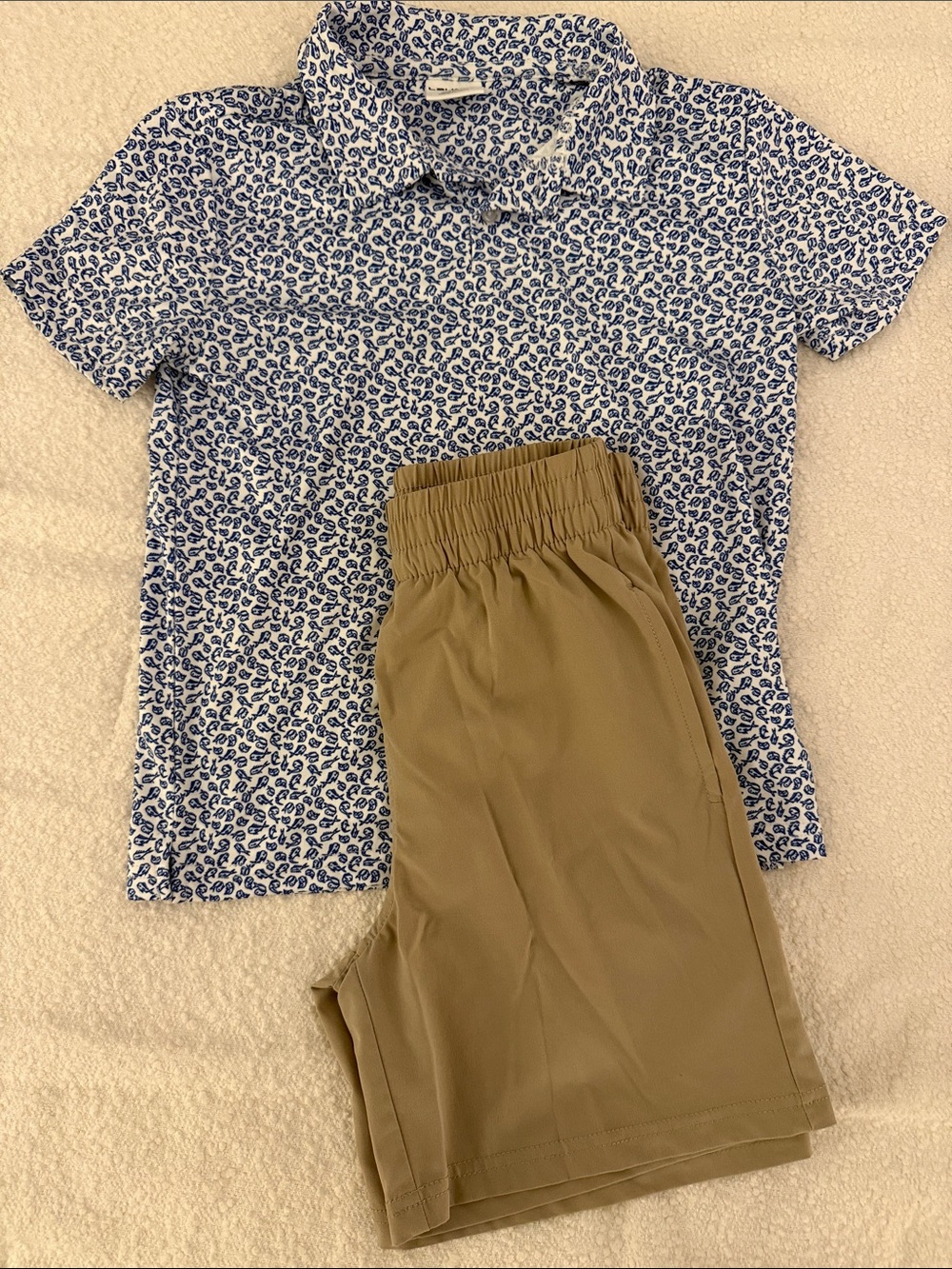 Blue White Fish Printed Polo & Khaki Elastic-Waist Shorts Set